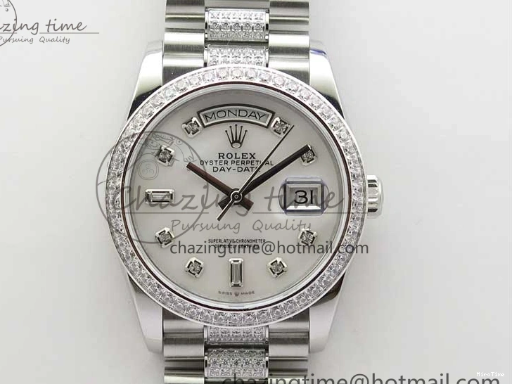 MiroTime 0128 Day-Date 36mm 128239 SS Crystal BP Best Edition White MOP Crystal Marker Dial on SS President Bracelet A MoistureWicking 2682